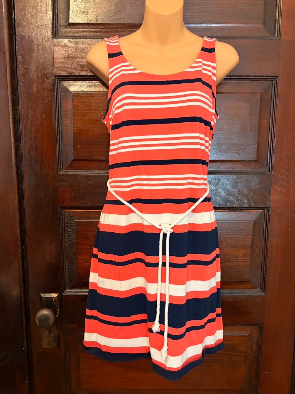 Tommy Hilfiger Coral, Navy & White Striped Midi Dress